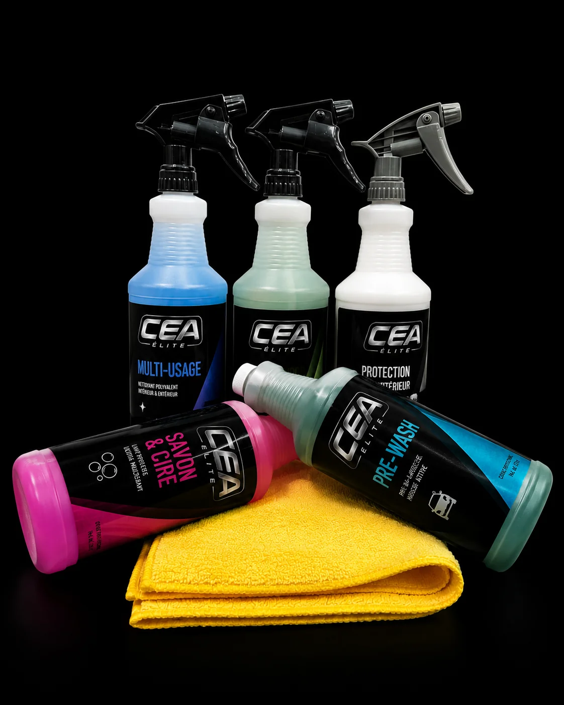 Gamme de produits CEA Élite : savon et cire, pre-wash, multi-usage, protection intérieure et microfibre